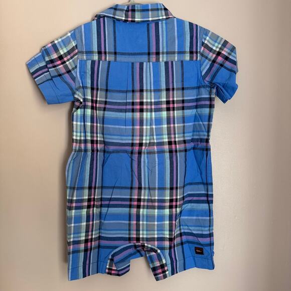 Tea Collection Boys Blue Plaid Collared Shirt One Piece Romper 12-18 Month New - Picture 5 of 5
